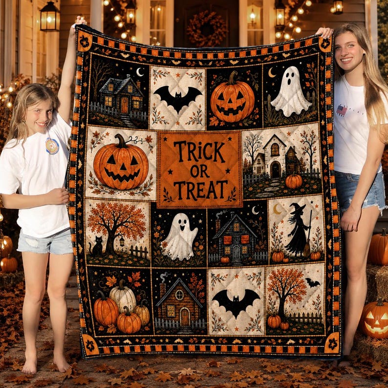Halloween Quilt Blanket, Cute Ghost Pumpkin Throw Trick or Treat Rustic Autumn Patchwork Decor