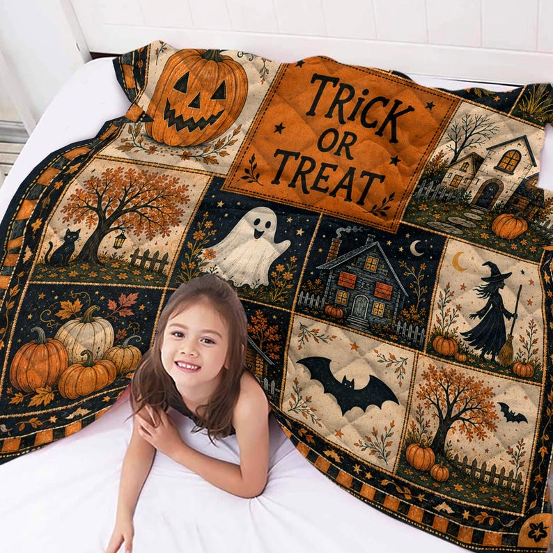Halloween Quilt Blanket, Cute Ghost Pumpkin Throw Trick or Treat Rustic Autumn Patchwork Decor