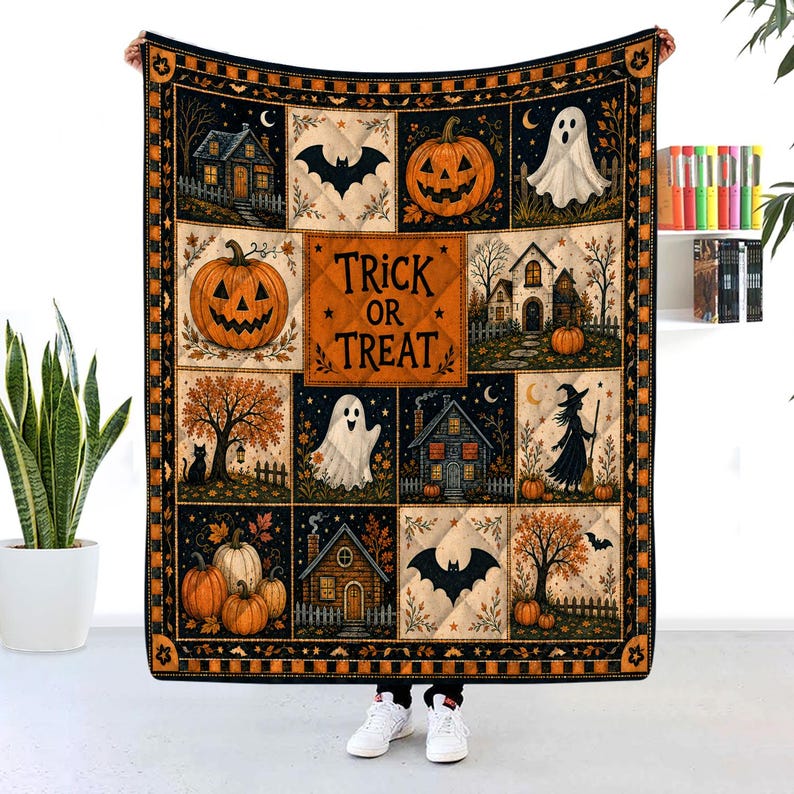 Halloween Quilt Blanket, Cute Ghost Pumpkin Throw Trick or Treat Rustic Autumn Patchwork Decor