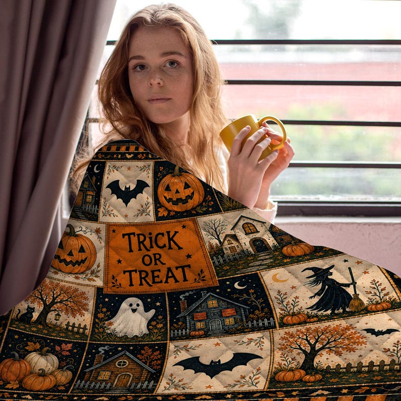 Halloween Quilt Blanket, Cute Ghost Pumpkin Throw Trick or Treat Rustic Autumn Patchwork Decor