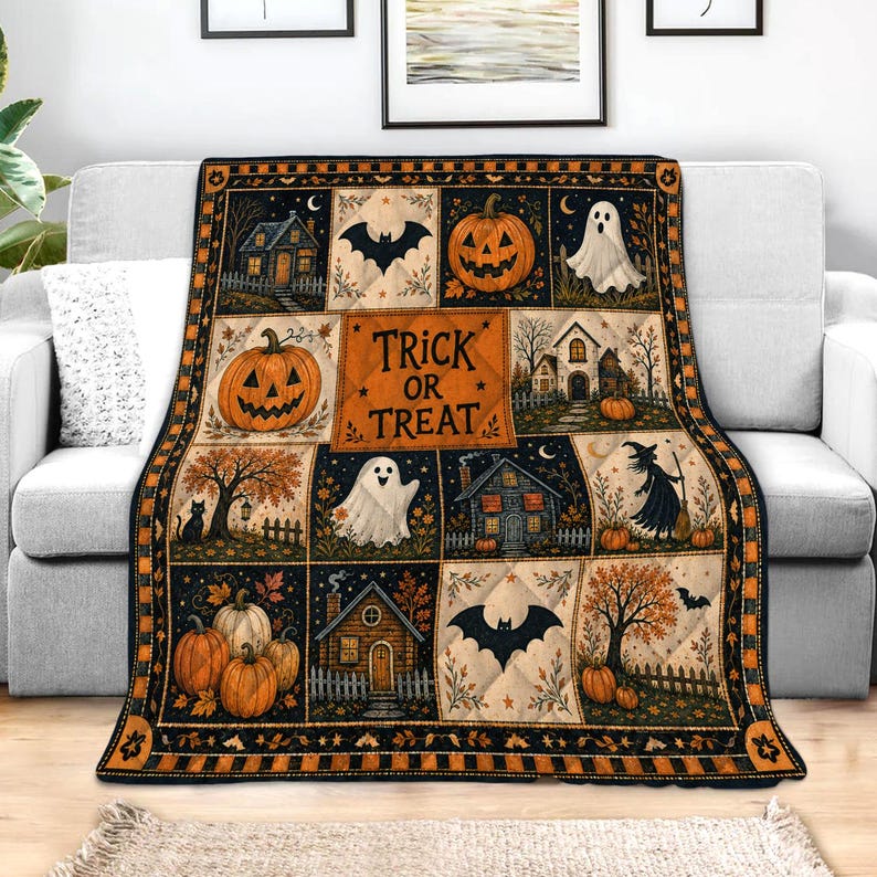 Halloween Quilt Blanket, Cute Ghost Pumpkin Throw Trick or Treat Rustic Autumn Patchwork Decor