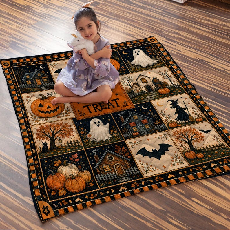Halloween Quilt Blanket, Cute Ghost Pumpkin Throw Trick or Treat Rustic Autumn Patchwork Decor