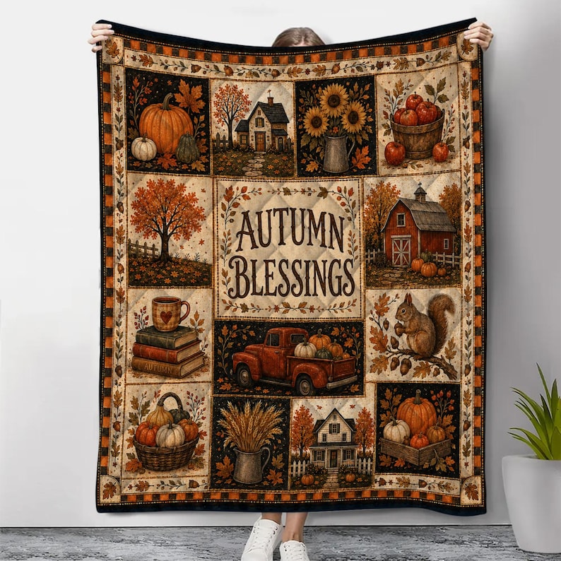 Fall Quilt Blanket, Rustic Patchwork Pumpkin Blankets, Thanksgiving Throw, Farmhouse Decor Cozy Autumn Gift