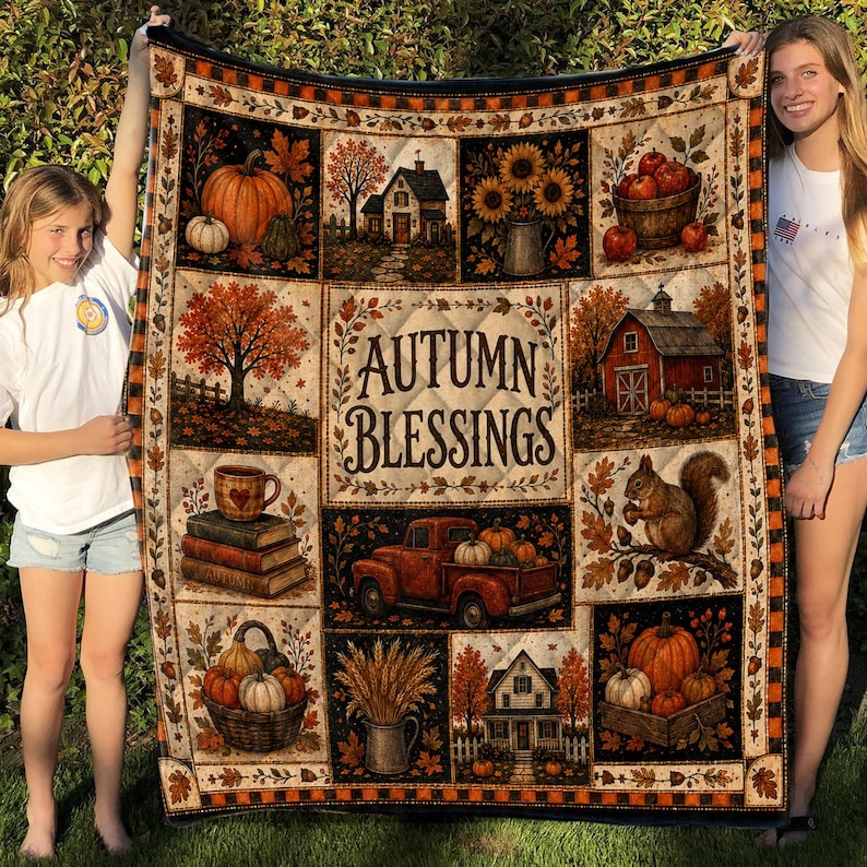 Fall Quilt Blanket, Rustic Patchwork Pumpkin Blankets, Thanksgiving Throw, Farmhouse Decor Cozy Autumn Gift
