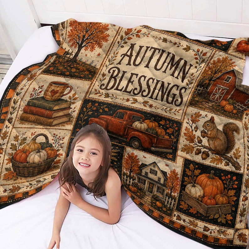 Fall Quilt Blanket, Rustic Patchwork Pumpkin Blankets, Thanksgiving Throw, Farmhouse Decor Cozy Autumn Gift