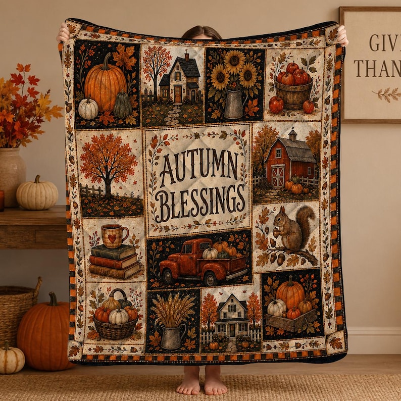 Fall Quilt Blanket, Rustic Patchwork Pumpkin Blankets, Thanksgiving Throw, Farmhouse Decor Cozy Autumn Gift