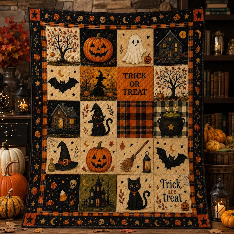 Halloween Quilt Blanket, Spooky Patchwork Throw for Fall Home Decor