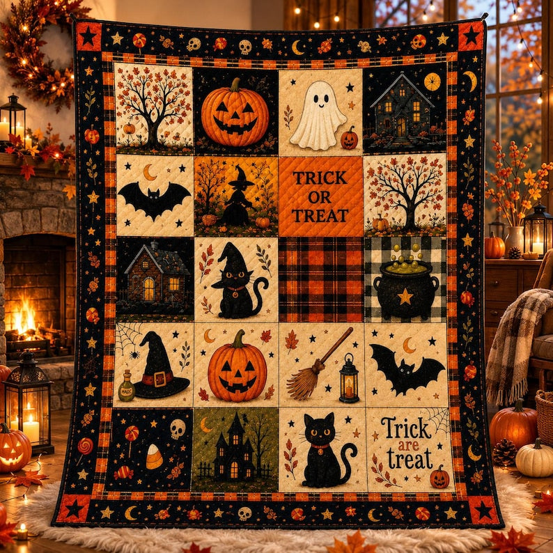 Halloween Quilt Blanket, Spooky Patchwork Throw for Fall Home Decor