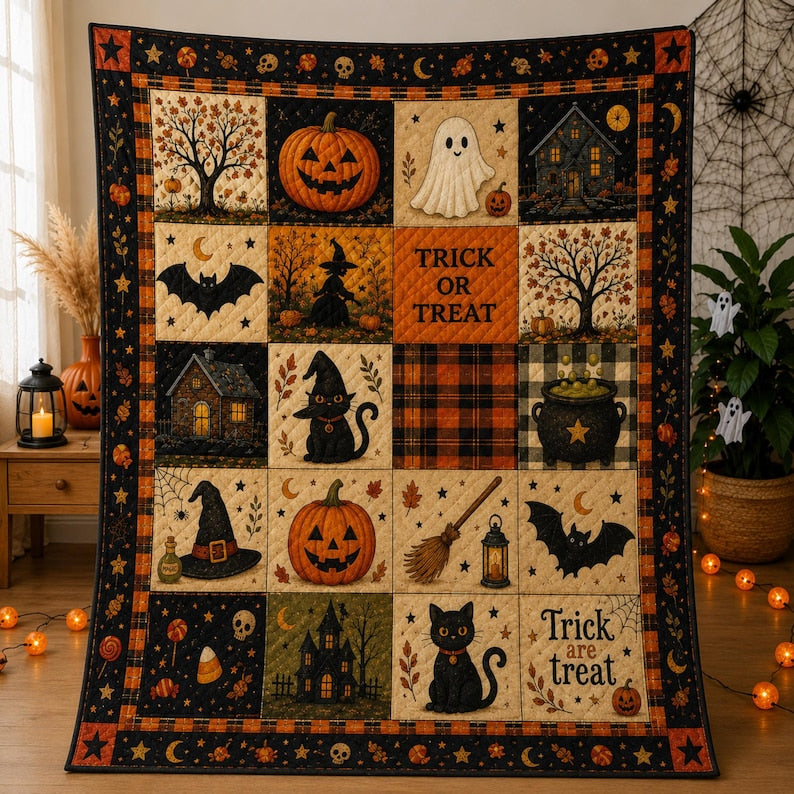 Halloween Quilt Blanket, Spooky Patchwork Throw for Fall Home Decor