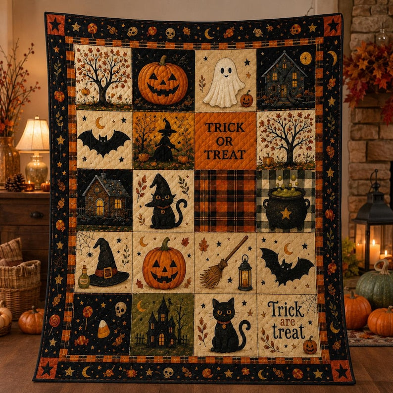 Halloween Quilt Blanket, Spooky Patchwork Throw for Fall Home Decor