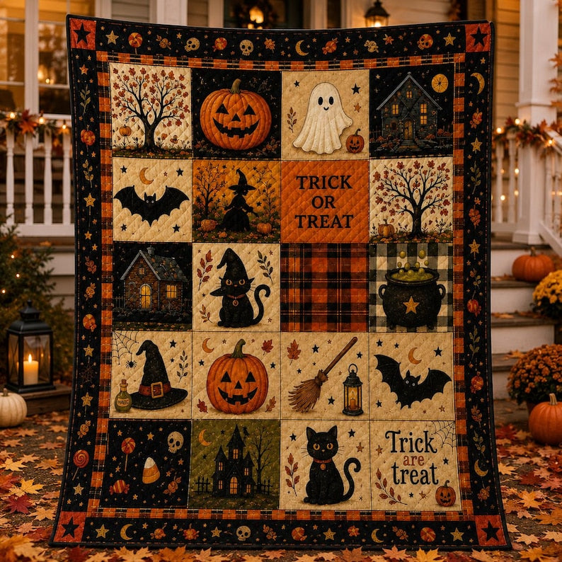 Halloween Quilt Blanket, Spooky Patchwork Throw for Fall Home Decor