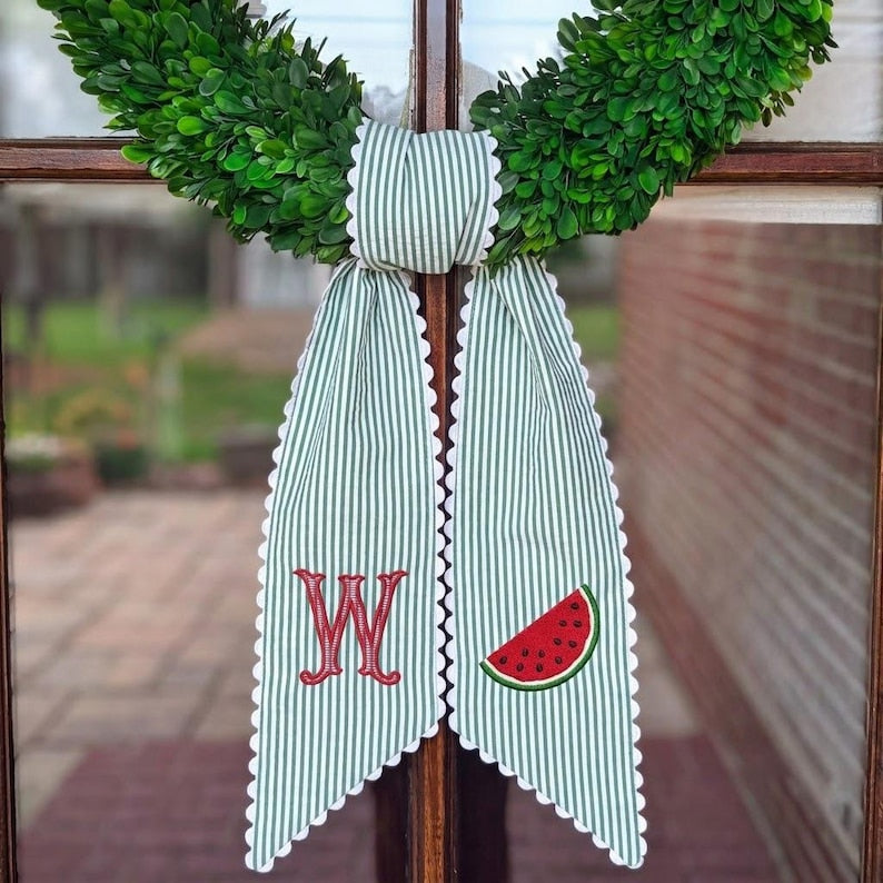 Monogrammed Watermelon Ric Rac Wreath Sash, Personalized Summer Front Decor Wreath, Embroidered Bow Sash