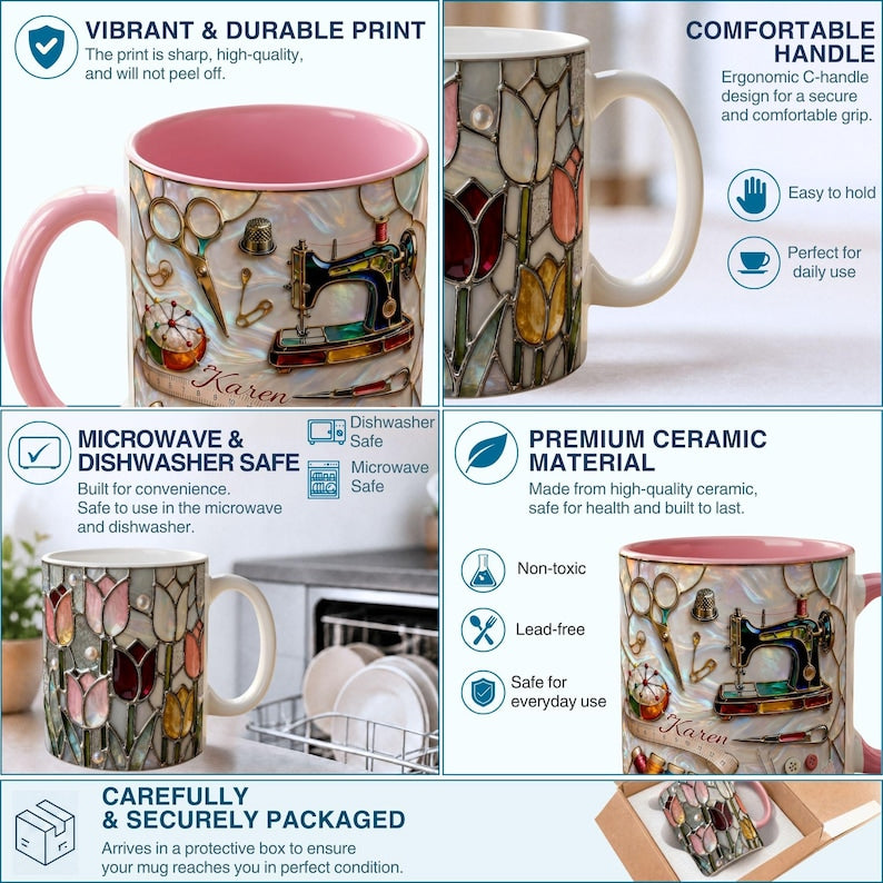 Custom Name Knitting Pattern Mug, Yarn Basket Knitter Coffee Mug, Boho Knitting Lover Gift Mug