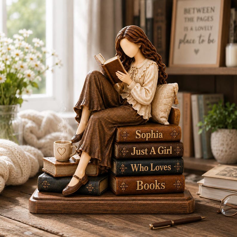Custom Just A Girl Who Loves Books Wooden Block, Reading Girl Statue, Book Lover Gift, Library Decor