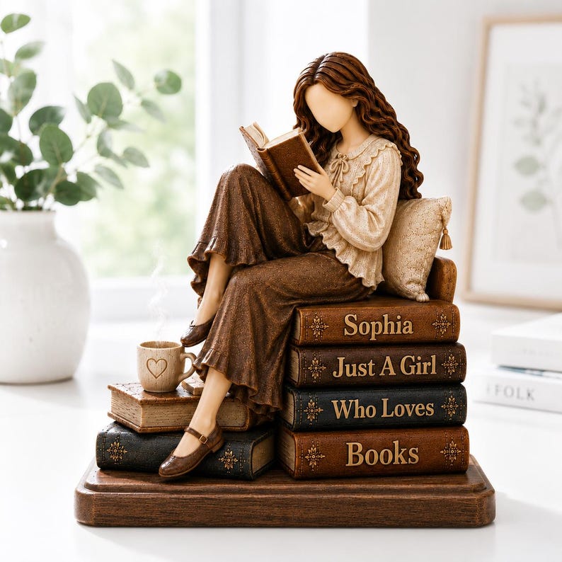 Custom Just A Girl Who Loves Books Wooden Block, Reading Girl Statue, Book Lover Gift, Library Decor