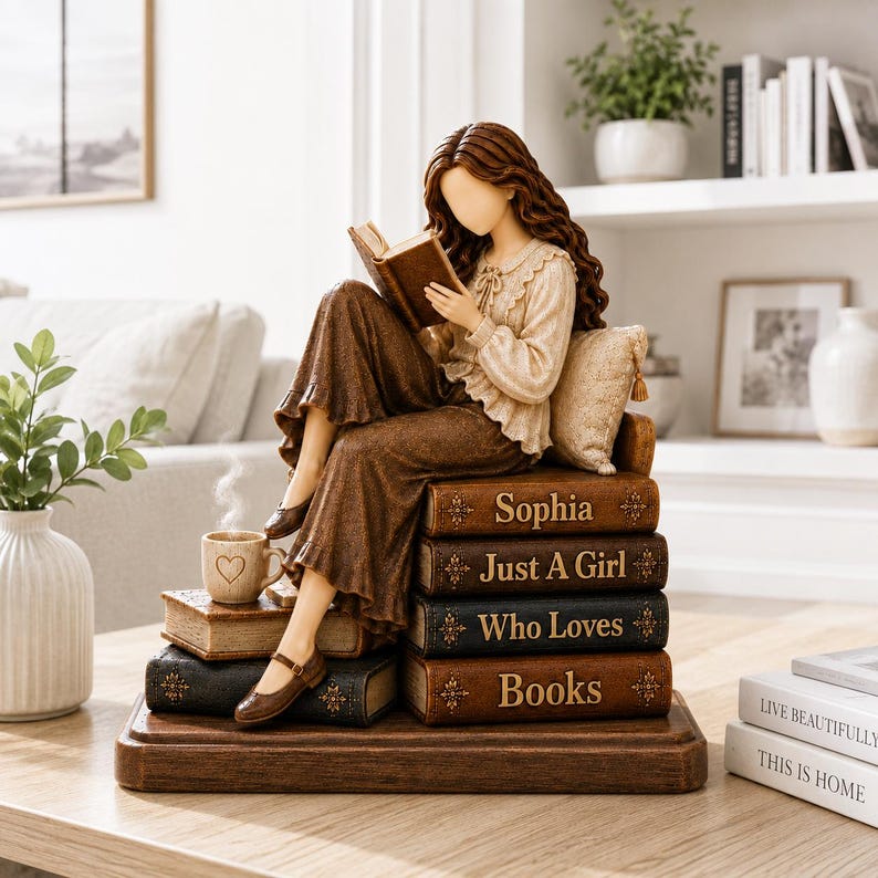 Custom Just A Girl Who Loves Books Wooden Block, Reading Girl Statue, Book Lover Gift, Library Decor