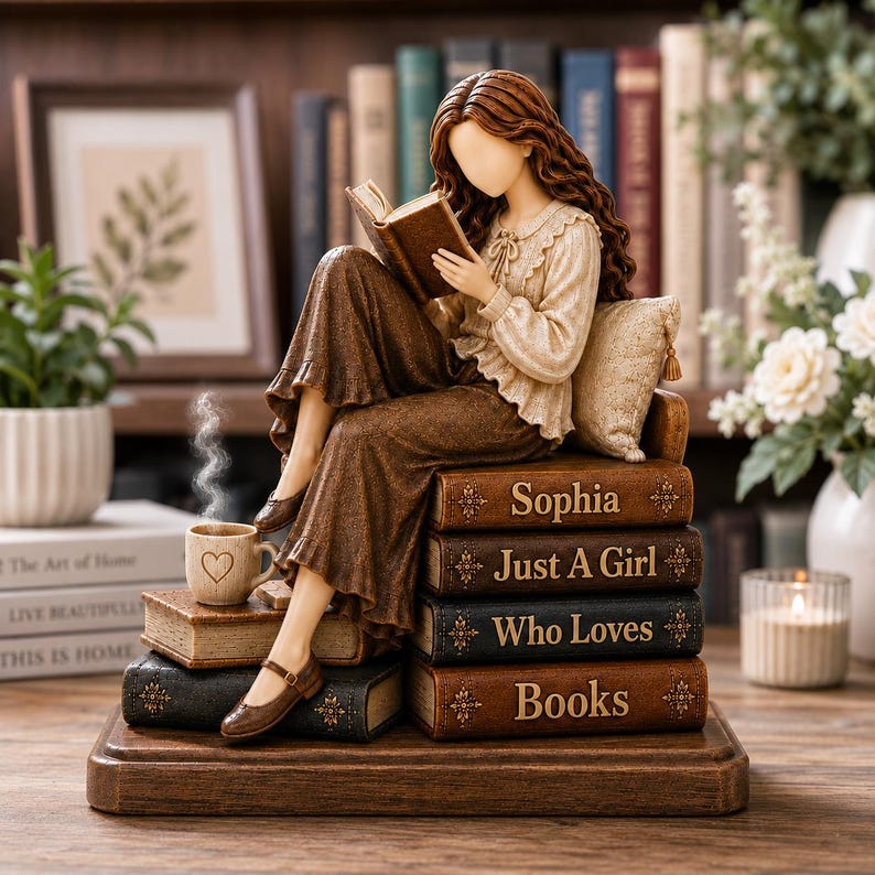 Custom Just A Girl Who Loves Books Wooden Block, Reading Girl Statue, Book Lover Gift, Library Decor