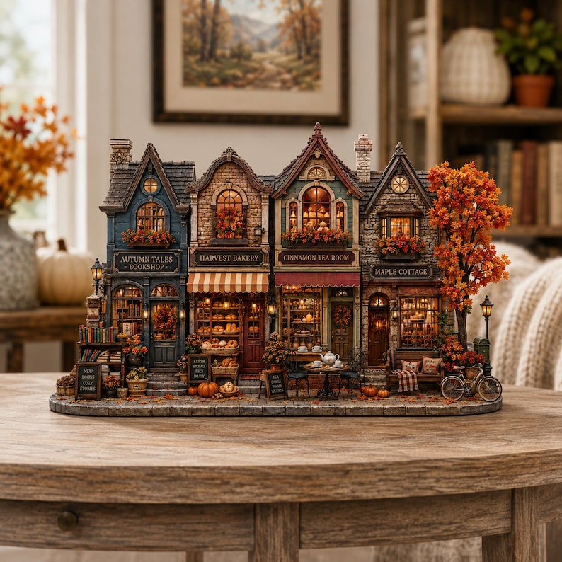 Autumn Village Wooden Block, Cozy Fall Miniature Street Decor, Rustic Pumpkin Harvest Display