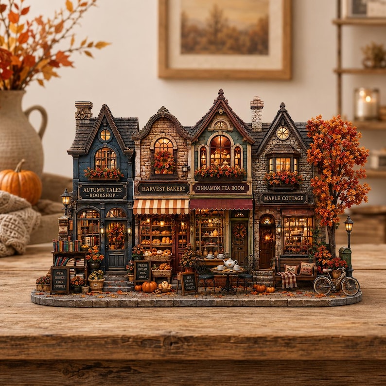 Autumn Village Wooden Block, Cozy Fall Miniature Street Decor, Rustic Pumpkin Harvest Display