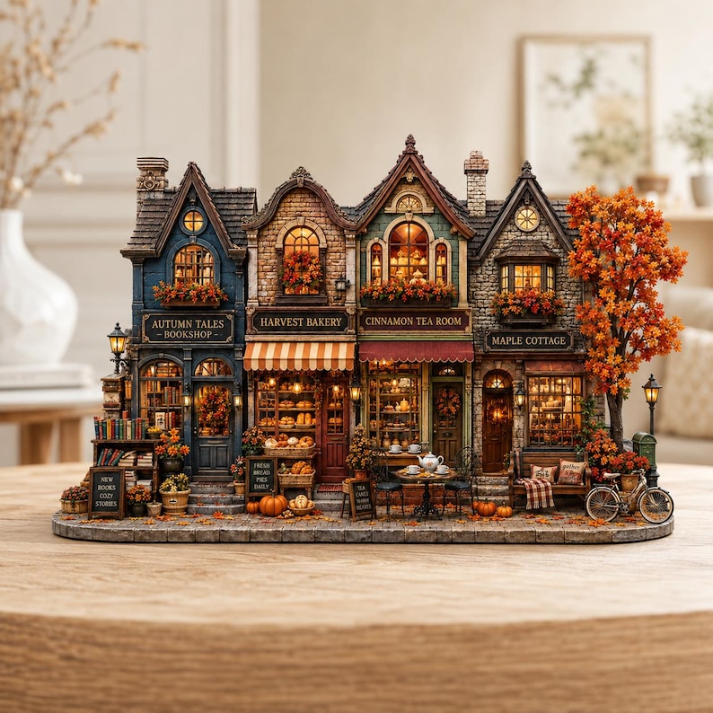 Autumn Village Wooden Block, Cozy Fall Miniature Street Decor, Rustic Pumpkin Harvest Display