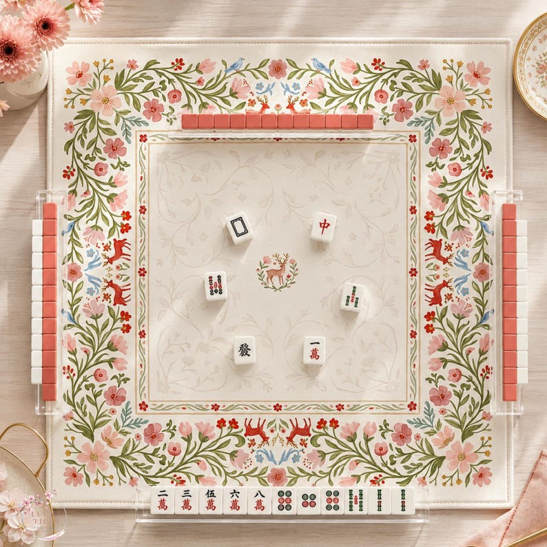 Folk Art Wildflower Garden Mahjong Mat, The Blushwood Deer Cottagecore Floral Table Cover, American Mahjong Playmat