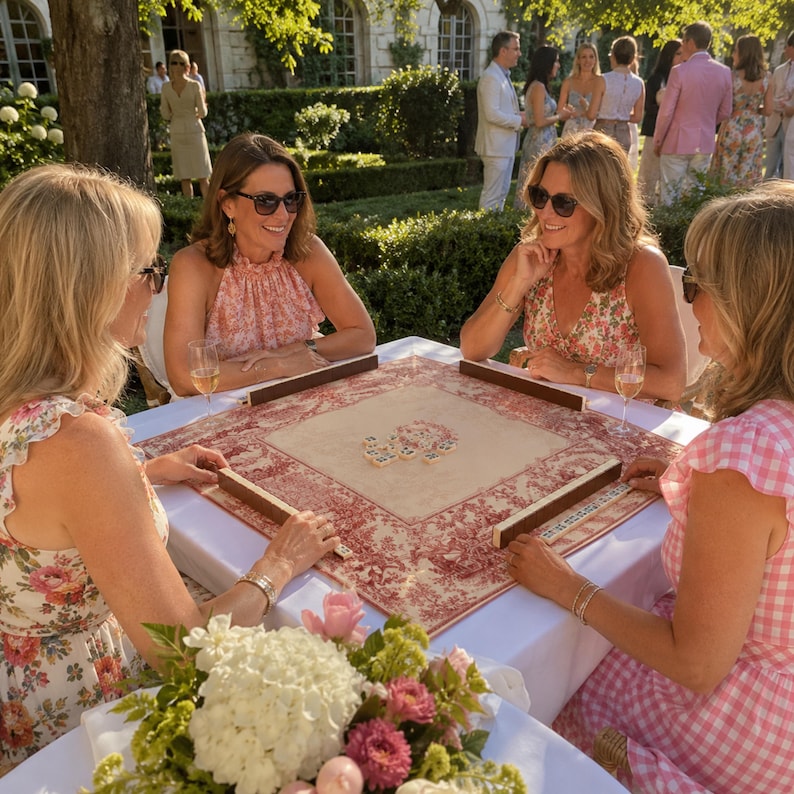 Red Toile Equestrian Mahjong Mat, American Mahjong Mat, Horse Racing Garden, French Country Toile Mahjong Gift