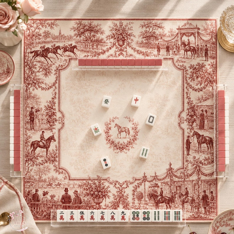 Red Toile Equestrian Mahjong Mat, American Mahjong Mat, Horse Racing Garden, French Country Toile Mahjong Gift