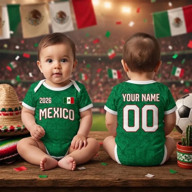 Personalized Mexico Baby Bodysuit, Custom Name Newborn Sports Jersey Onesie