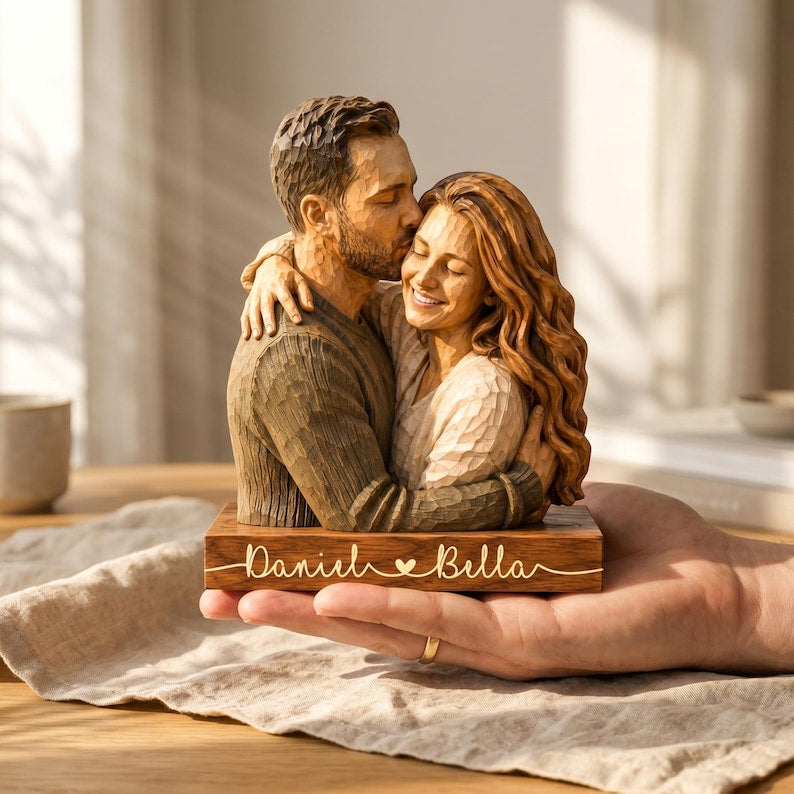 Personalized Couple Wooden Sculpture, Custom Hugging Couple Figurine, Romantic Anniversary Gift