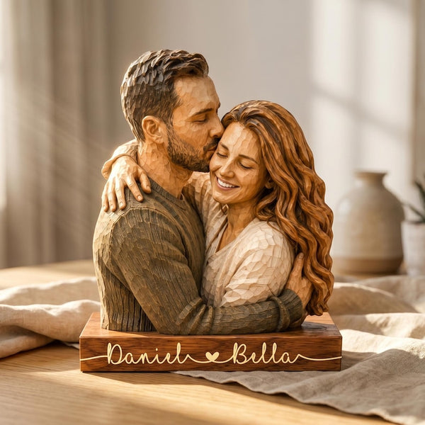 Personalized Couple Wooden Sculpture, Custom Hugging Couple Figurine, Romantic Anniversary Gift