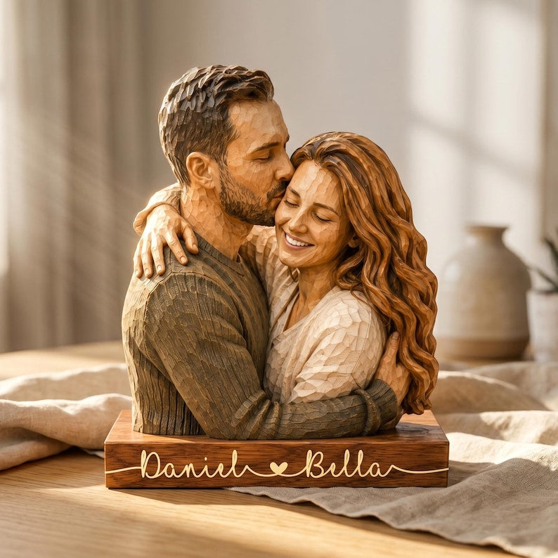 Personalized Couple Wooden Sculpture, Custom Hugging Couple Figurine, Romantic Anniversary Gift