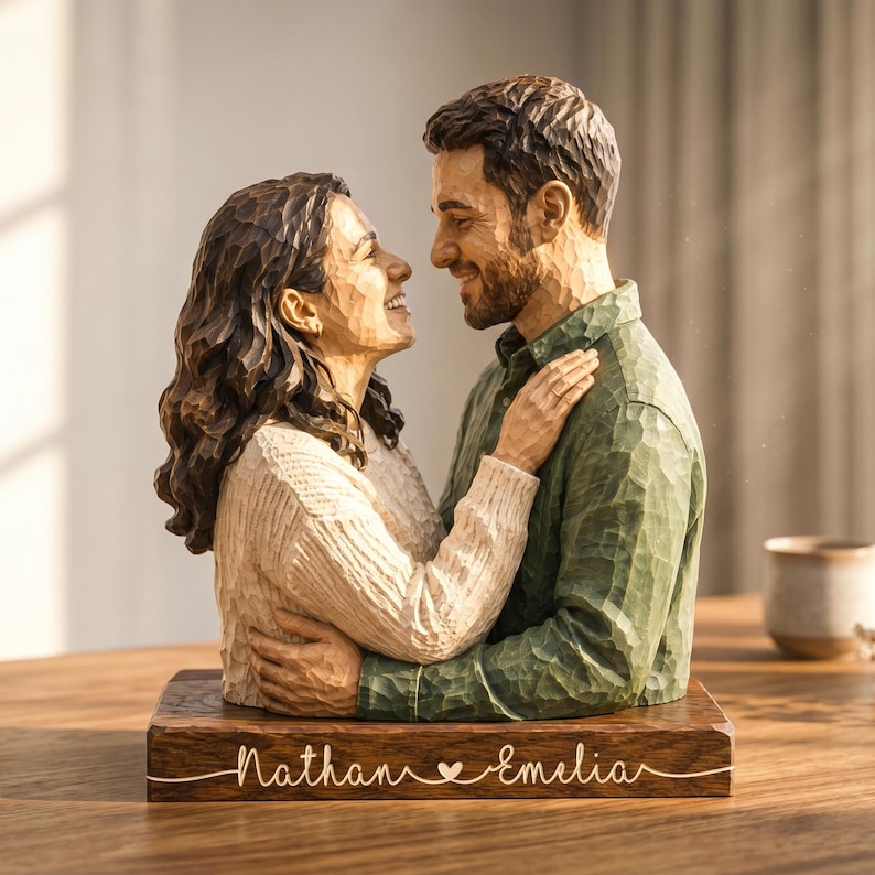 Personalized Couple Wooden Sculpture, Custom Hugging Couple Figurine, Romantic Anniversary Gift