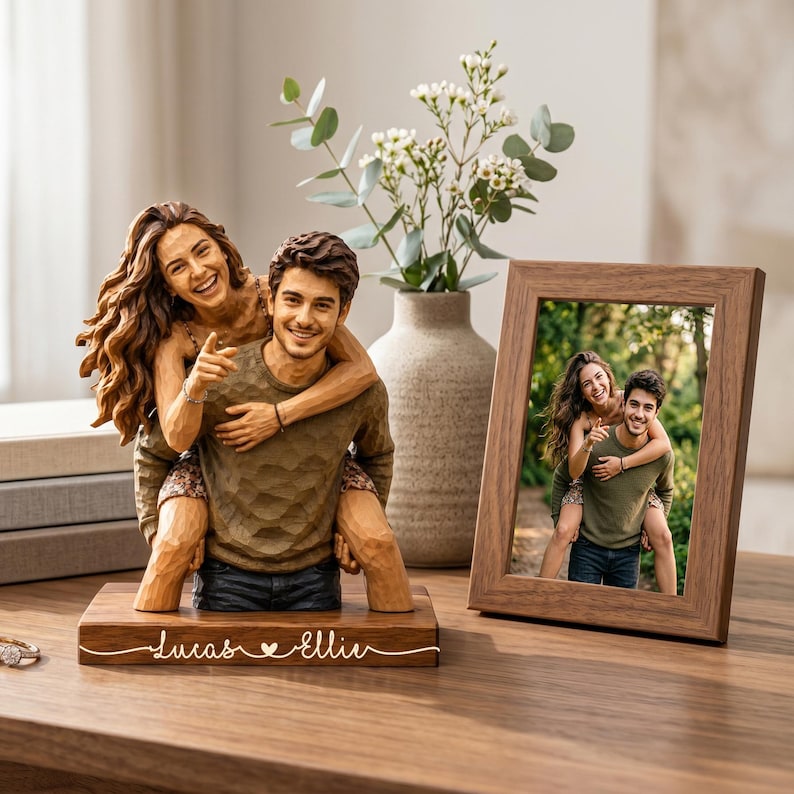 Personalized Couple Wooden Sculpture, Custom Hugging Couple Figurine, Romantic Anniversary Gift