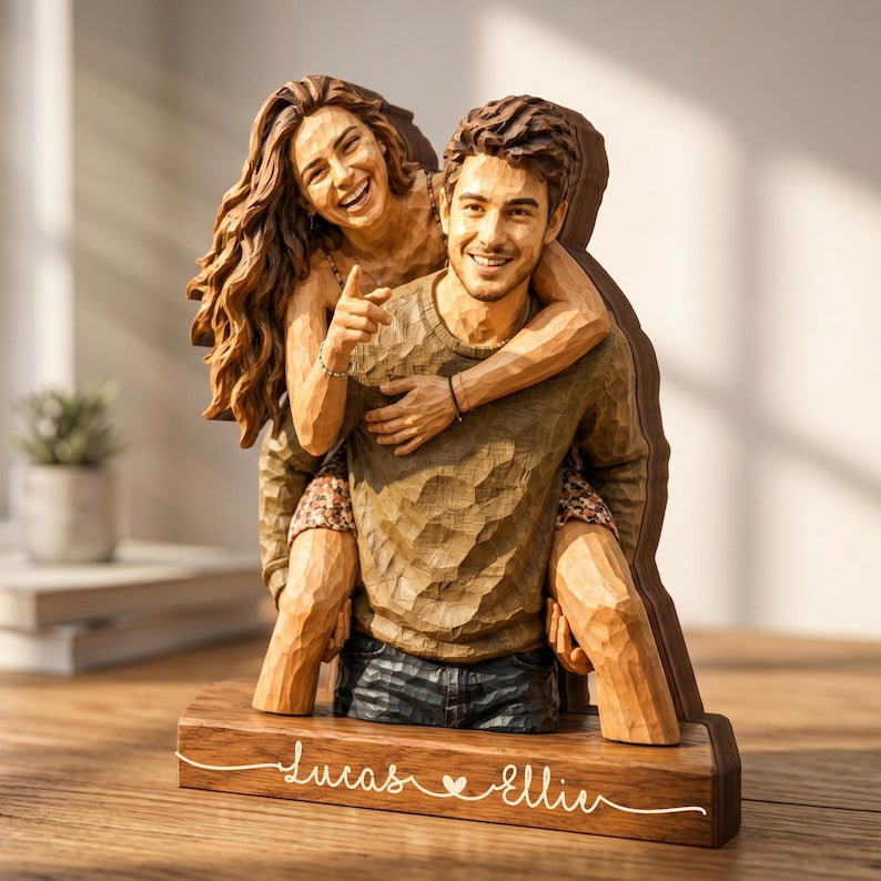 Personalized Couple Wooden Sculpture, Custom Hugging Couple Figurine, Romantic Anniversary Gift