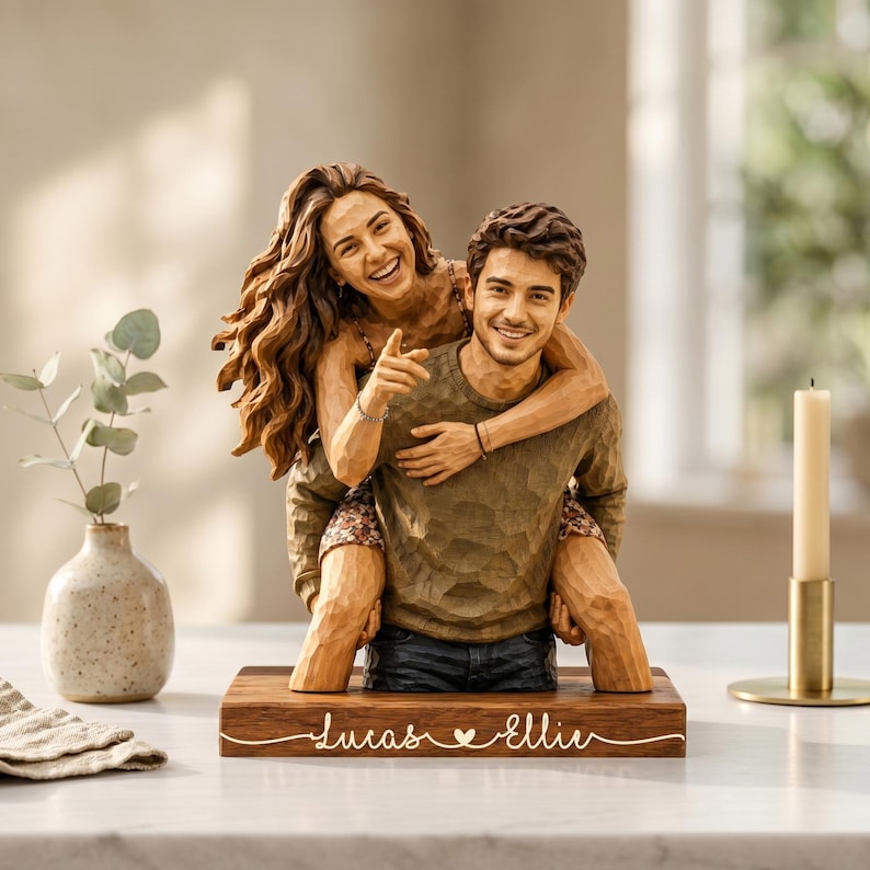 Personalized Couple Wooden Sculpture, Custom Hugging Couple Figurine, Romantic Anniversary Gift
