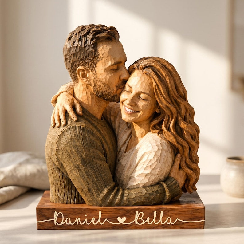 Personalized Couple Wooden Sculpture, Custom Hugging Couple Figurine, Romantic Anniversary Gift
