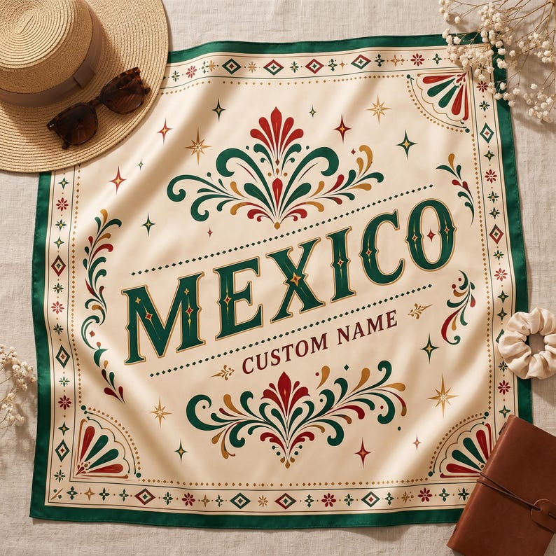Personalized Satin Scarf, Custom Name Mexican Folk Art Scarf
