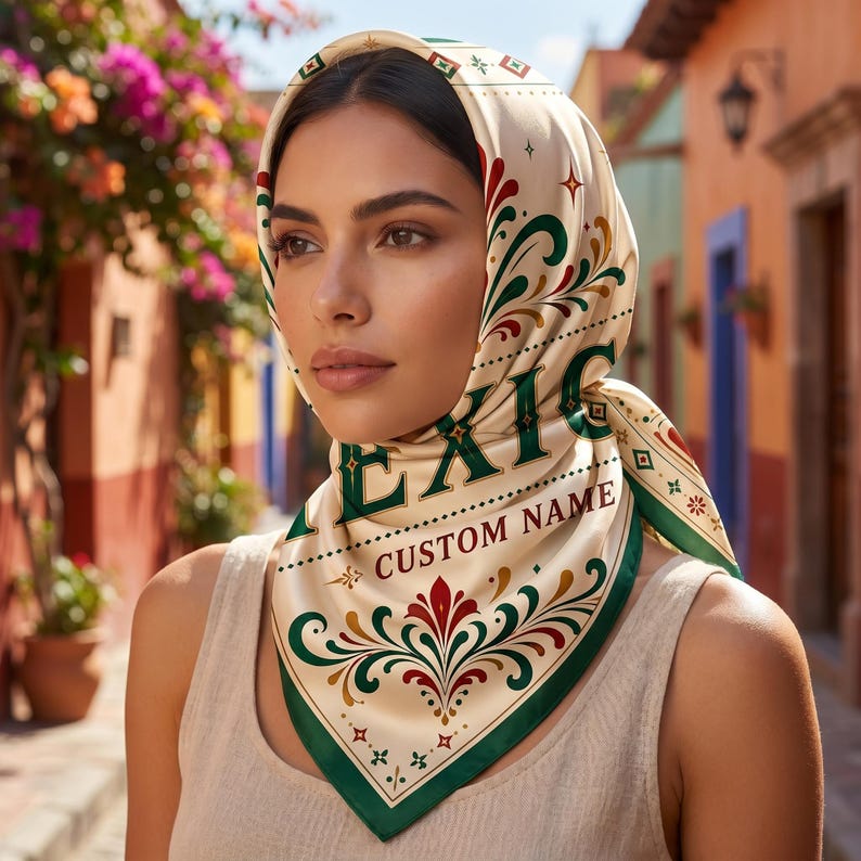 Personalized Satin Scarf, Custom Name Mexican Folk Art Scarf