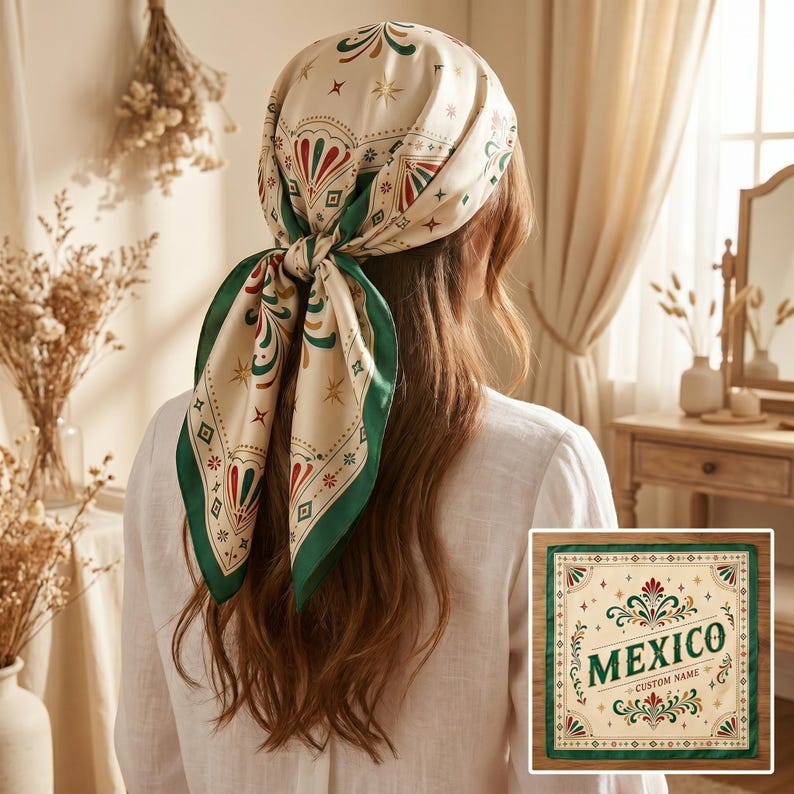 Personalized Satin Scarf, Custom Name Mexican Folk Art Scarf