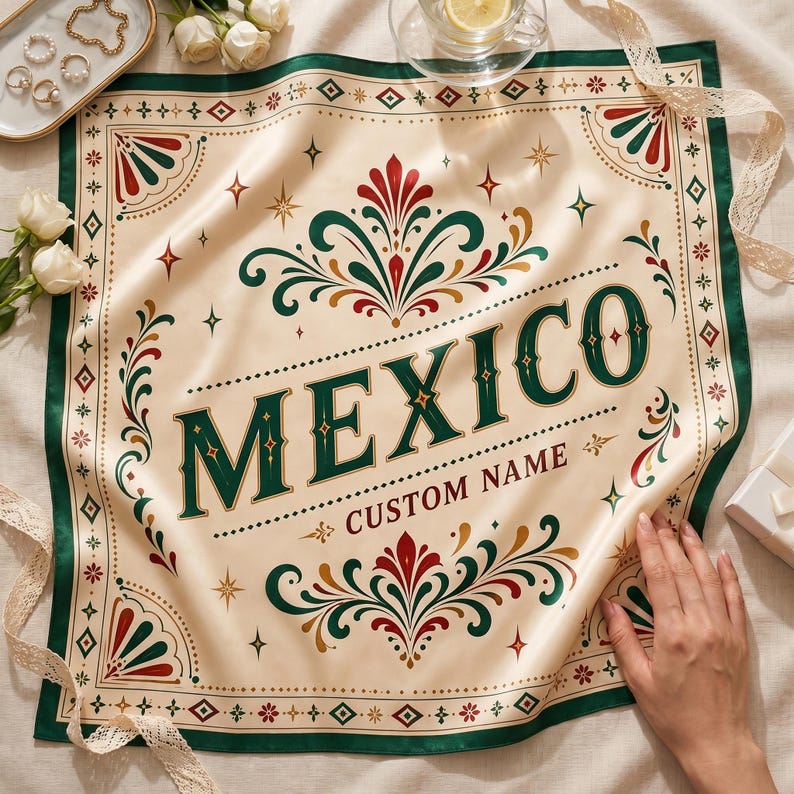 Personalized Satin Scarf, Custom Name Mexican Folk Art Scarf