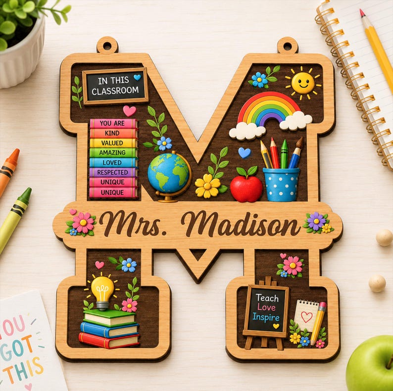 Personalized Teacher Letter Sign, Custom Teacher Name Sign, Classroom Door Hanger