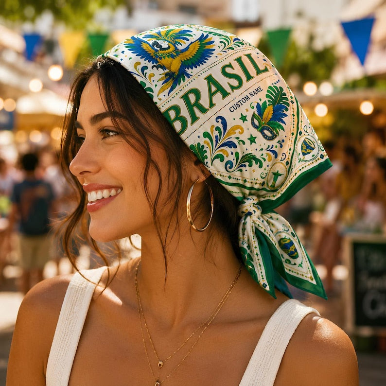 Personalized Brazil Satin Scarf, Custom Brazil Bandana, Football Fan Hair Wrap