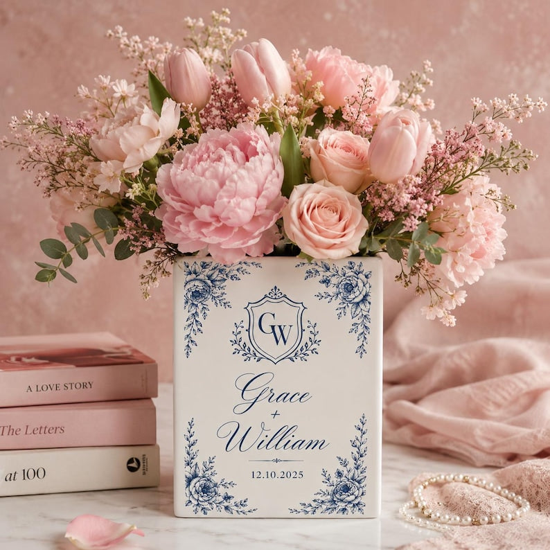 Personalized Ceramic Book Vase, Custom Couple Name Date Vase