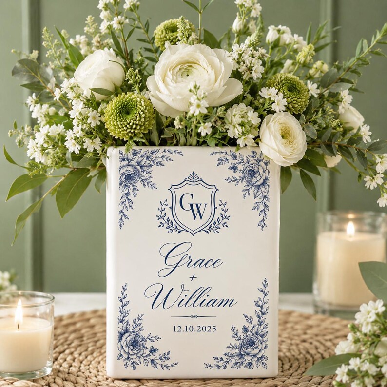 Personalized Ceramic Book Vase, Custom Couple Name Date Vase