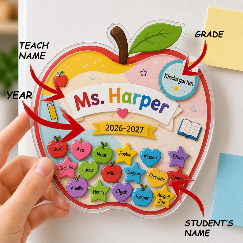 Personalized Apple Shaker Magnet, Custom Teacher Name Fridge Magnet, Student Name Classroom Gift
