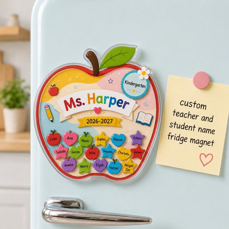 Personalized Apple Shaker Magnet, Custom Teacher Name Fridge Magnet, Student Name Classroom Gift