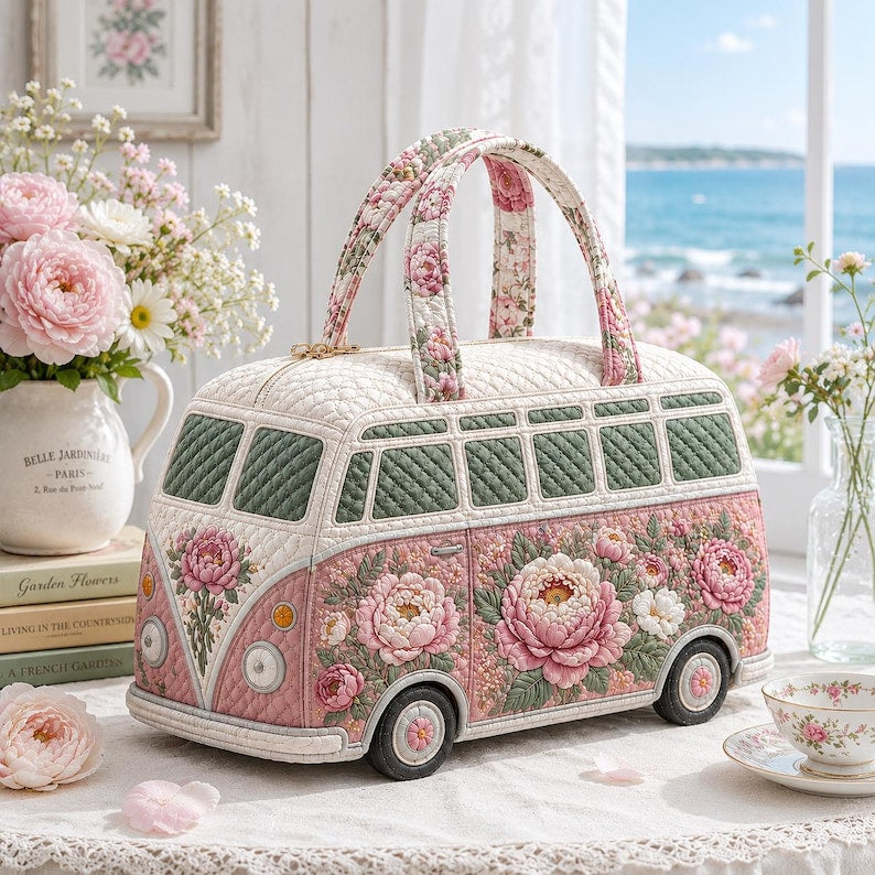 Quilted Bus Bag, Floral Beach Weekender Tote, Pink Camper Van Travel Bag, Summer Vacation Gift