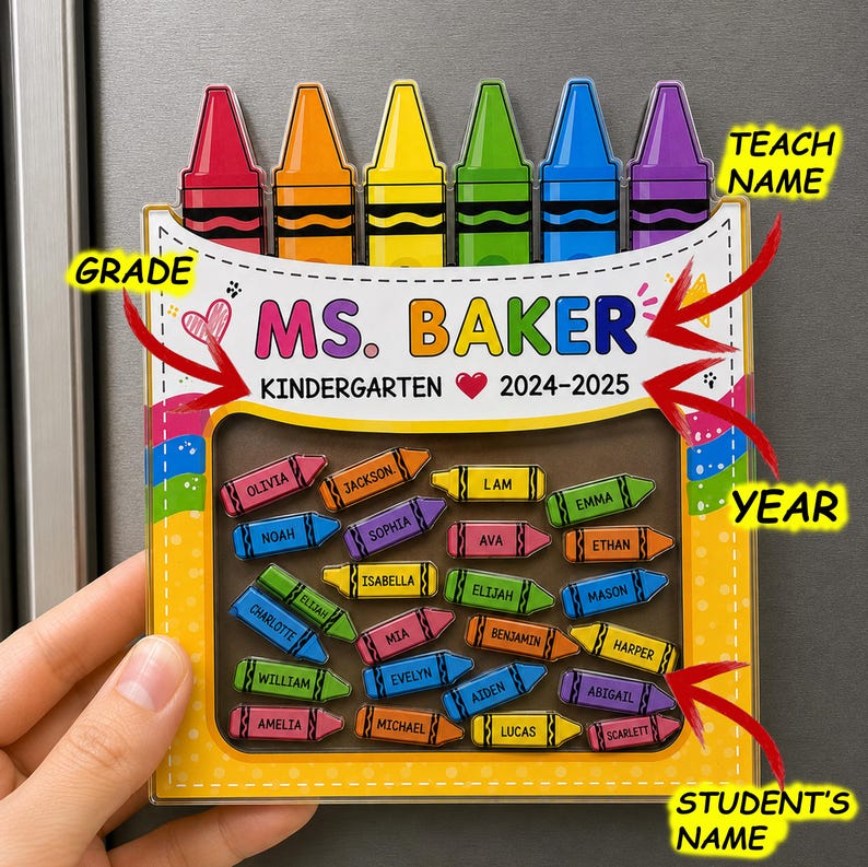 Custom Classroom Crayon Magnet, Teacher Appreciation Gift, Personalized Student Name Magnet