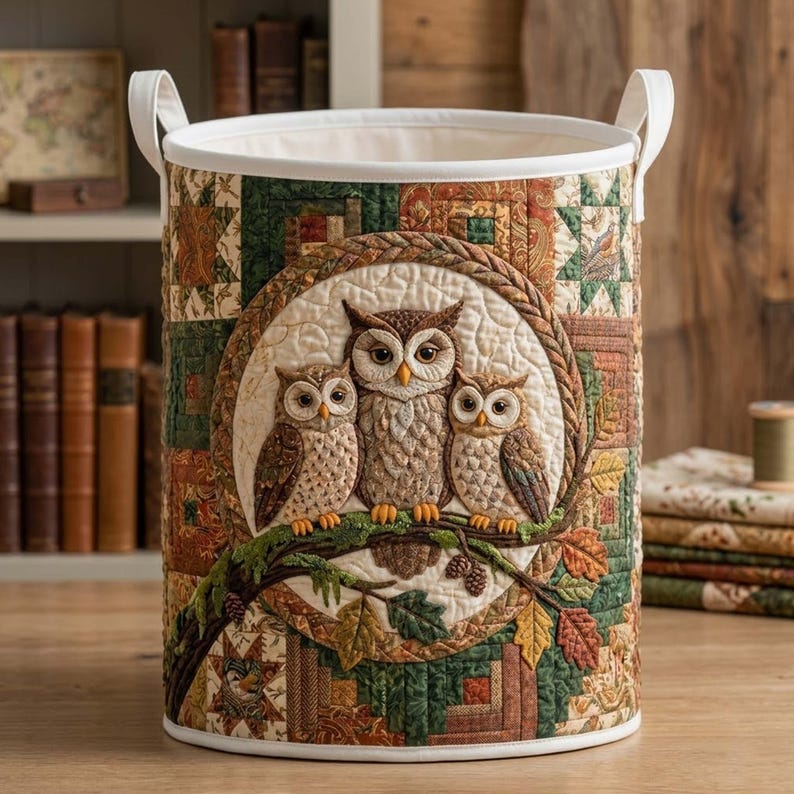 Owl Family Quilted Laundry Basket, Forest Bird Storage Bin, Patchwork Clothes Hamper