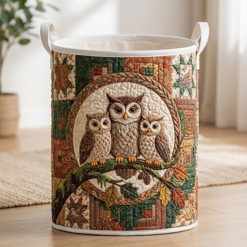 Owl Family Quilted Laundry Basket, Forest Bird Storage Bin, Patchwork Clothes Hamper